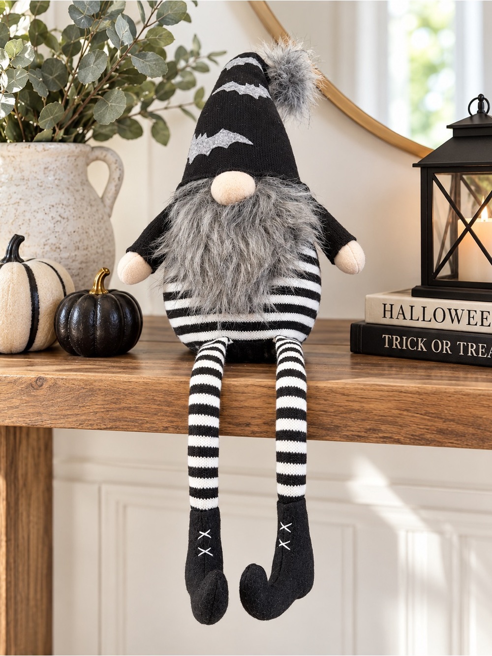 Large Halloween Gnome Shelf Sitter Black White Striped Bat Hat 24”